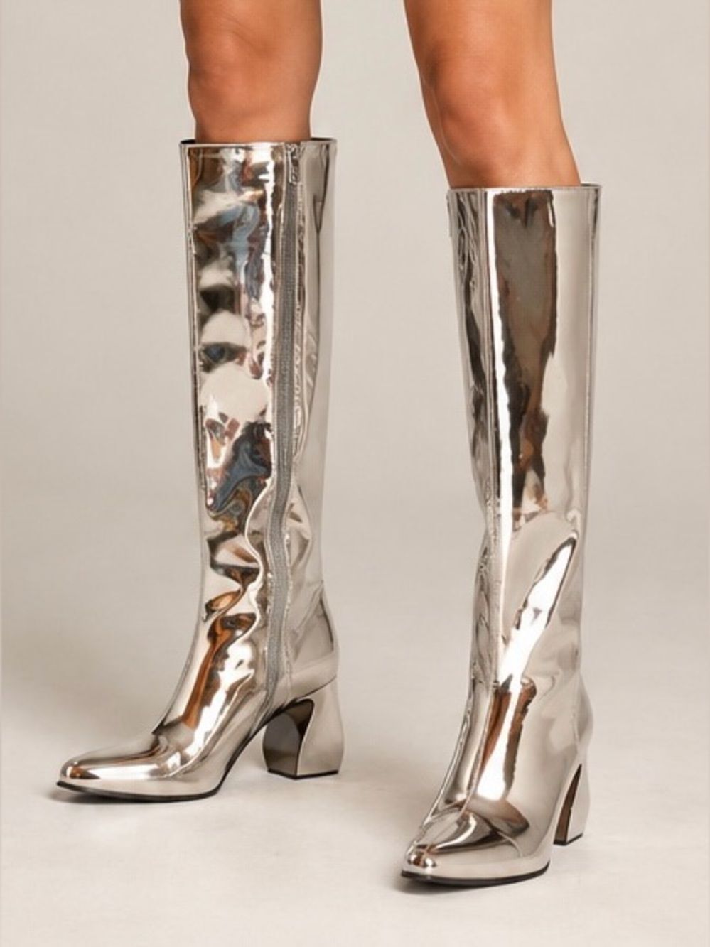 Gianni Bini NWT Women Size 8 Rylee Mirror Silver Knee High Boots Block Heels